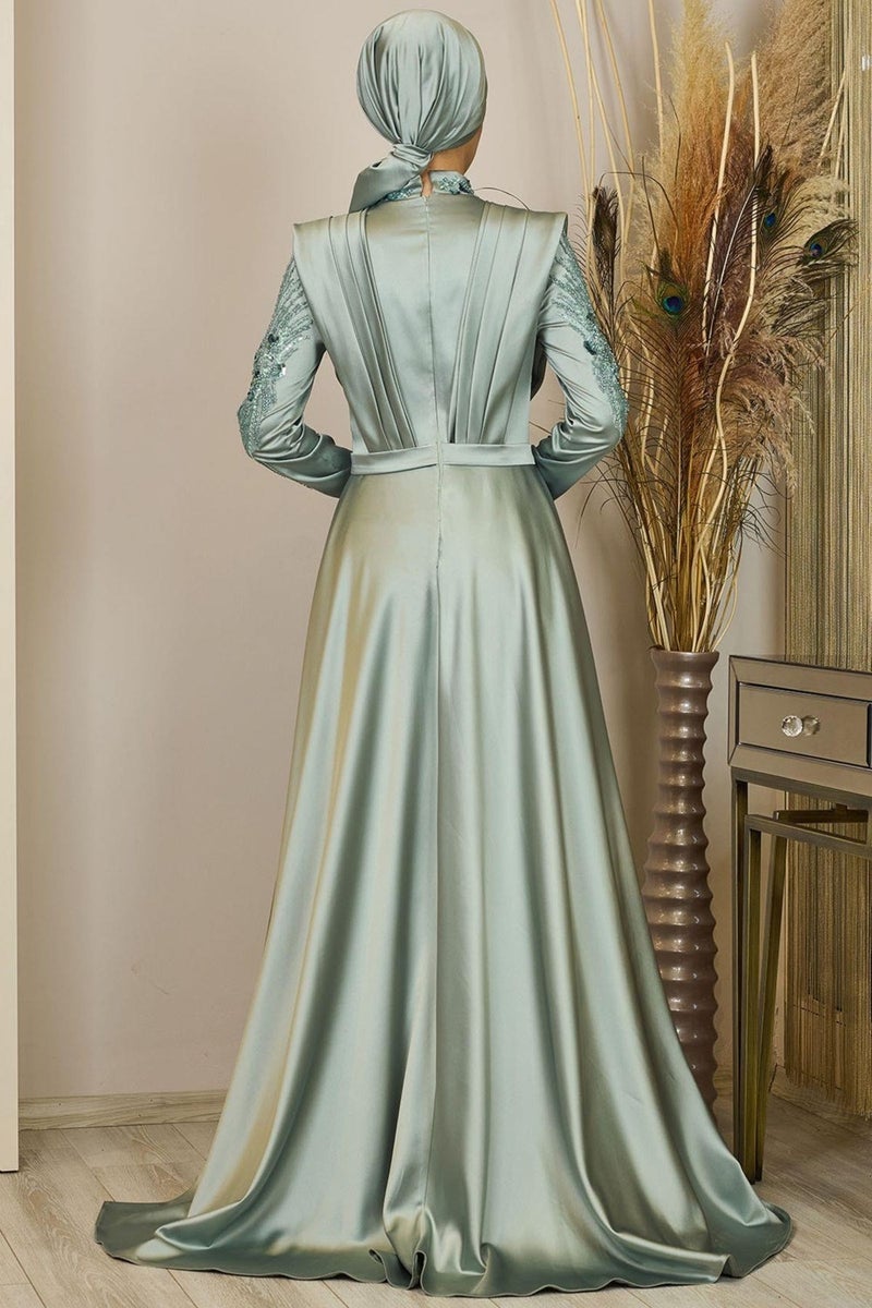 Esilanur Draped Front Beaded Tailed Miranda Hijab Evening Dress in Green  - Image 3