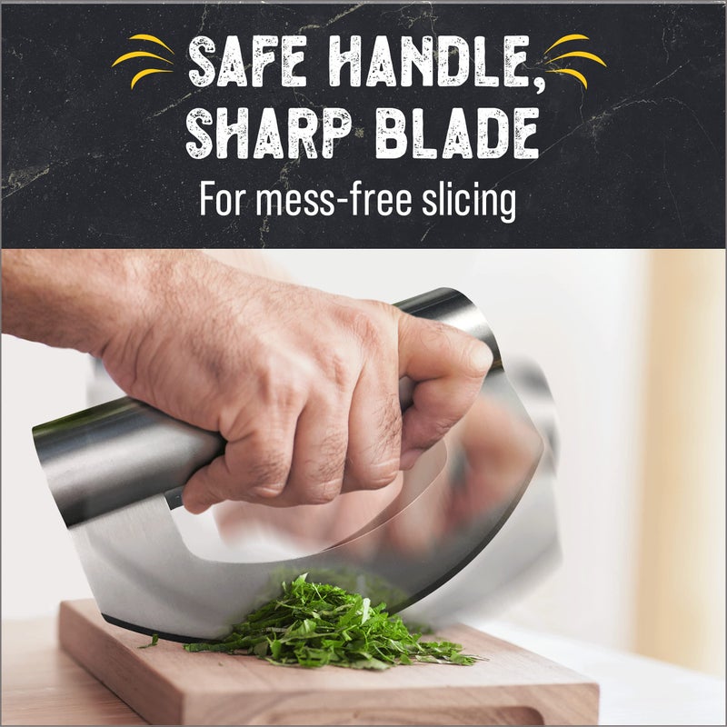 Checkered Chef Salad Chopper Tool, Mezzaluna Knife Stainless Steel Vegetable Rocker - Image 3