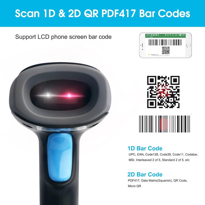 QR Code Reader with Stand, Handheld 1D 2D Barcode Scanner Support Mobile Payment Laptop Screen USB Wired Bar Code Scanner for Supermarket Retail Store (2D USB with Stand) - Image 2