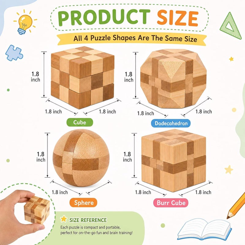 Rich Boxer 4 Pack Wooden Puzzle Games Brain Teasers Toy- 3D Puzzles for Teens and Adults - Wooden Logic Puzzle Wood Snake Cube Magic Cube Magic Ball Brain Teaser Intellectual Removing Assembling Toy - Image 2