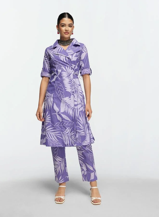 آي شين Women's Lilac Cotton Printed Shrug Upper Calf Length Pleat Front Bottom Straight Fit Co-Ords Set