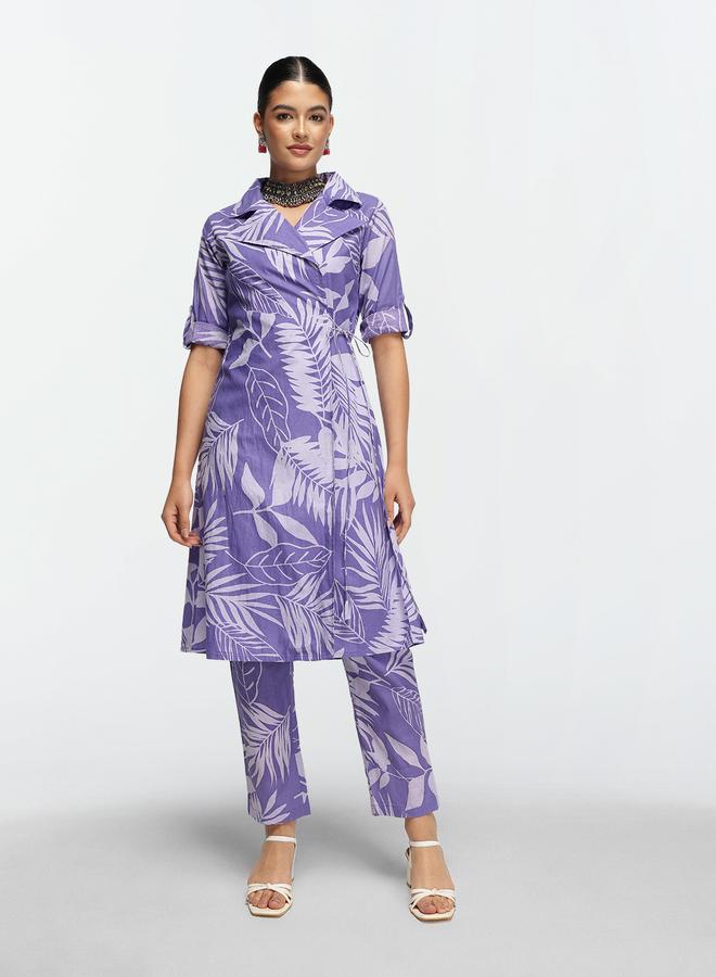 ISHIN Women's Lilac Cotton Printed Shrug Upper Calf Length Pleat Front Bottom Straight Fit Co-Ords Set  - Image 1