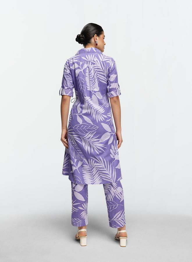 ISHIN Women's Lilac Cotton Printed Shrug Upper Calf Length Pleat Front Bottom Straight Fit Co-Ords Set  - Image 2