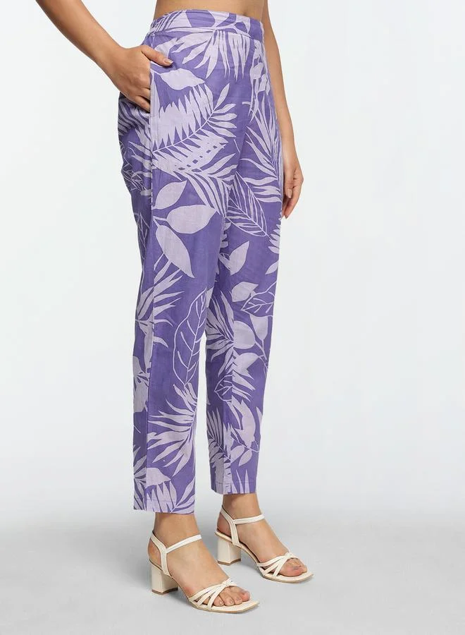 ISHIN Women's Lilac Cotton Printed Shrug Upper Calf Length Pleat Front Bottom Straight Fit Co-Ords Set