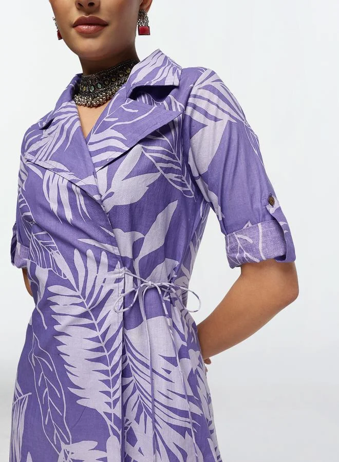 ISHIN Women's Lilac Cotton Printed Shrug Upper Calf Length Pleat Front Bottom Straight Fit Co-Ords Set