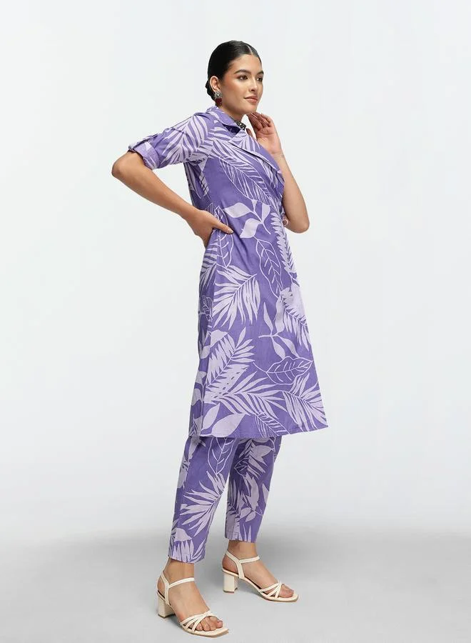 ISHIN Women's Lilac Cotton Printed Shrug Upper Calf Length Pleat Front Bottom Straight Fit Co-Ords Set