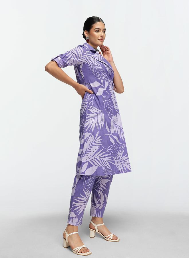 ISHIN Women's Lilac Cotton Printed Shrug Upper Calf Length Pleat Front Bottom Straight Fit Co-Ords Set  - Image 3