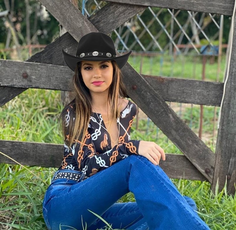 CaySep Classic Western Cowboy Hat for Women and Men Roll Up Wide Brim Felt Fedora Hats Cowgirl Hat with Belt Buckle(M-L) - Image 4
