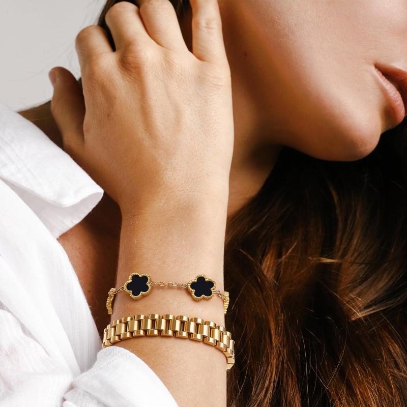 MPRAINBOW Stackable Gold Floral Bracelets Set - 3pcs 18K Gold Plated Bracelet Non-tarnish,Stainless Steel Link Chain Friendship Bracelet,Watch Band Trendy Jewelry,Christmas Valentines Birthday Gifts for Women - Image 2