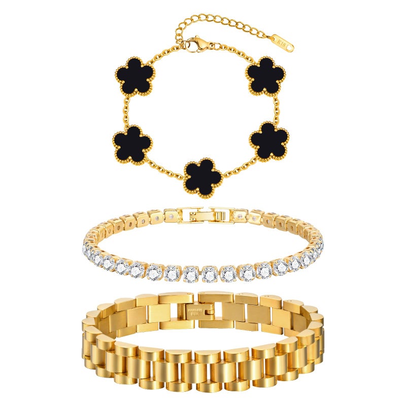 MPRAINBOW Stackable Gold Floral Bracelets Set - 3pcs 18K Gold Plated Bracelet Non-tarnish,Stainless Steel Link Chain Friendship Bracelet,Watch Band Trendy Jewelry,Christmas Valentines Birthday Gifts for Women - Image 1