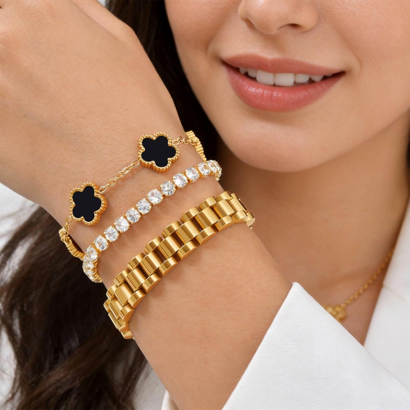 MPRAINBOW Stackable Gold Floral Bracelets Set - 3pcs 18K Gold Plated Bracelet Non-tarnish,Stainless Steel Link Chain Friendship Bracelet,Watch Band Trendy Jewelry,Christmas Valentines Birthday Gifts for Women - Image 4