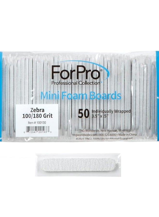 ForPro Professional Collection Mini Foam Board, Zebra, 100/180 Grit, Double-Sided Manicure Nail File, Individually-Wrapped, 3.5” L x .5” W, 50-Count - Image 1