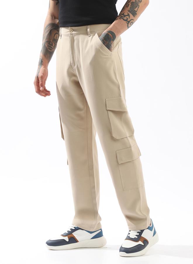 HIGH STAR Beige Trousers Solid Button Woven Full Cargo Mid-Rise for Men – Style that defines you - Image 3