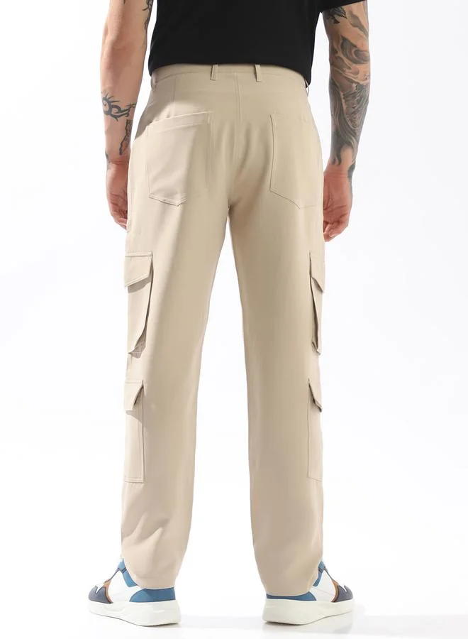 HIGH STAR Beige Trousers Solid Button Woven Full Cargo Mid-Rise for Men – Style that defines you