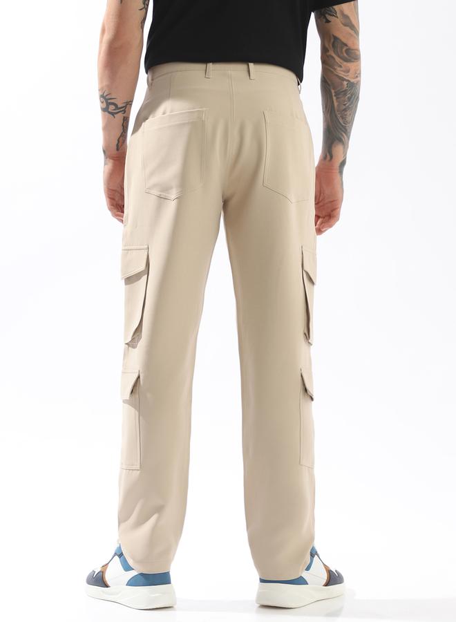 HIGH STAR Beige Trousers Solid Button Woven Full Cargo Mid-Rise for Men – Style that defines you - Image 5