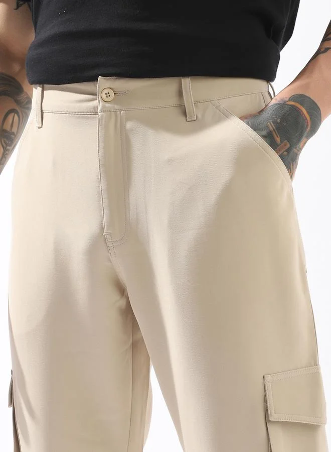 HIGH STAR Beige Trousers Solid Button Woven Full Cargo Mid-Rise for Men – Style that defines you