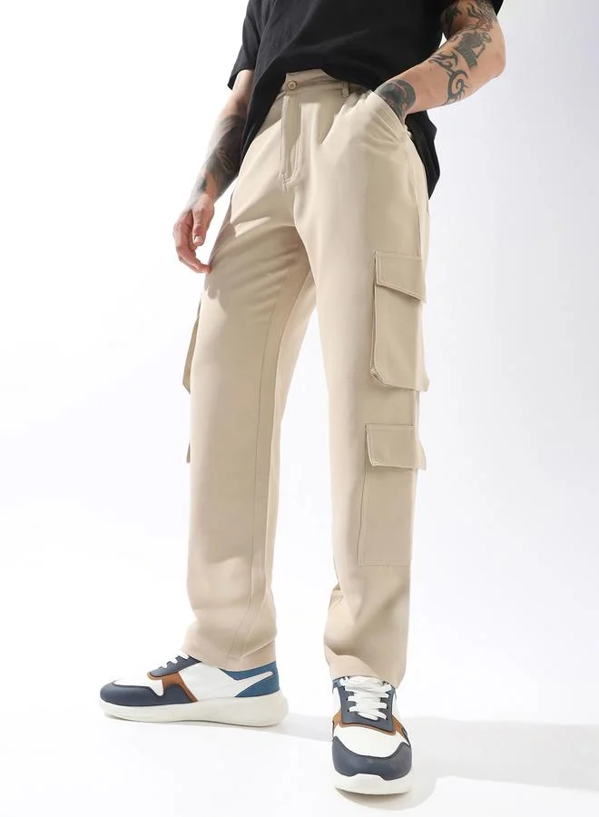 HIGH STAR Beige Trousers Solid Button Woven Full Cargo Mid-Rise for Men – Style that defines you