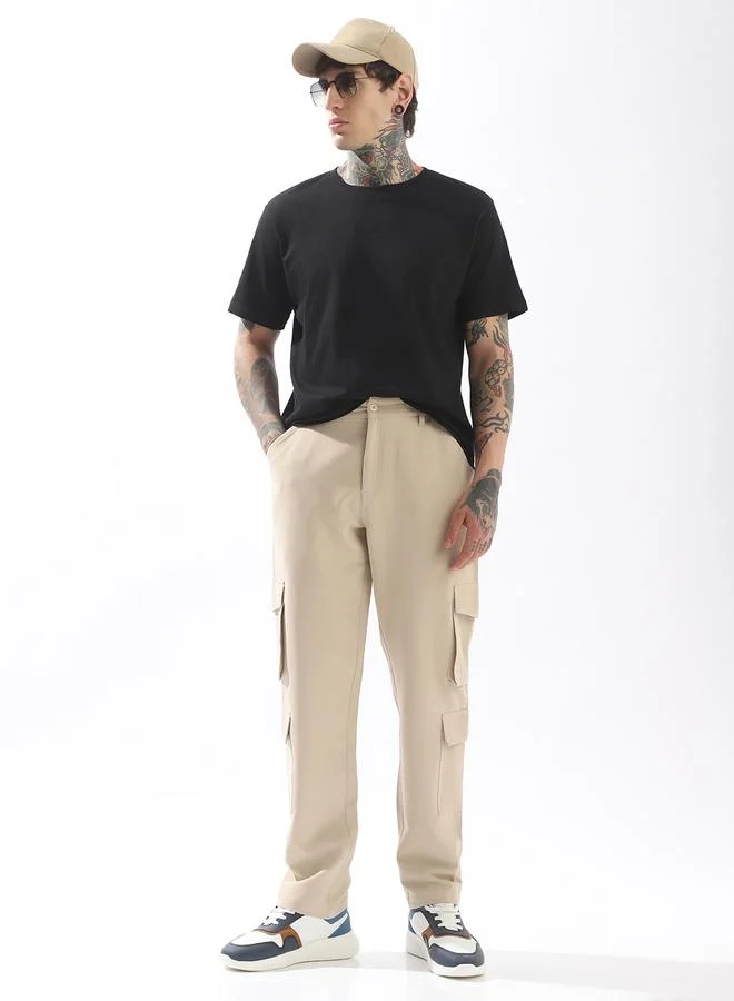 HIGH STAR Beige Trousers Solid Button Woven Full Cargo Mid-Rise for Men – Style that defines you