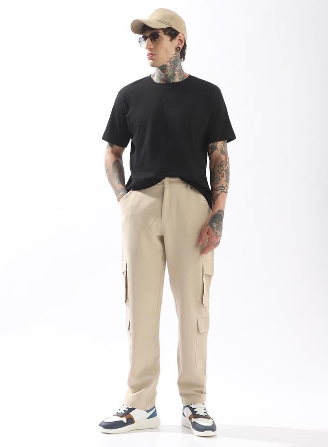 HIGH STAR Beige Trousers Solid Button Woven Full Cargo Mid-Rise for Men – Style that defines you - Image 1