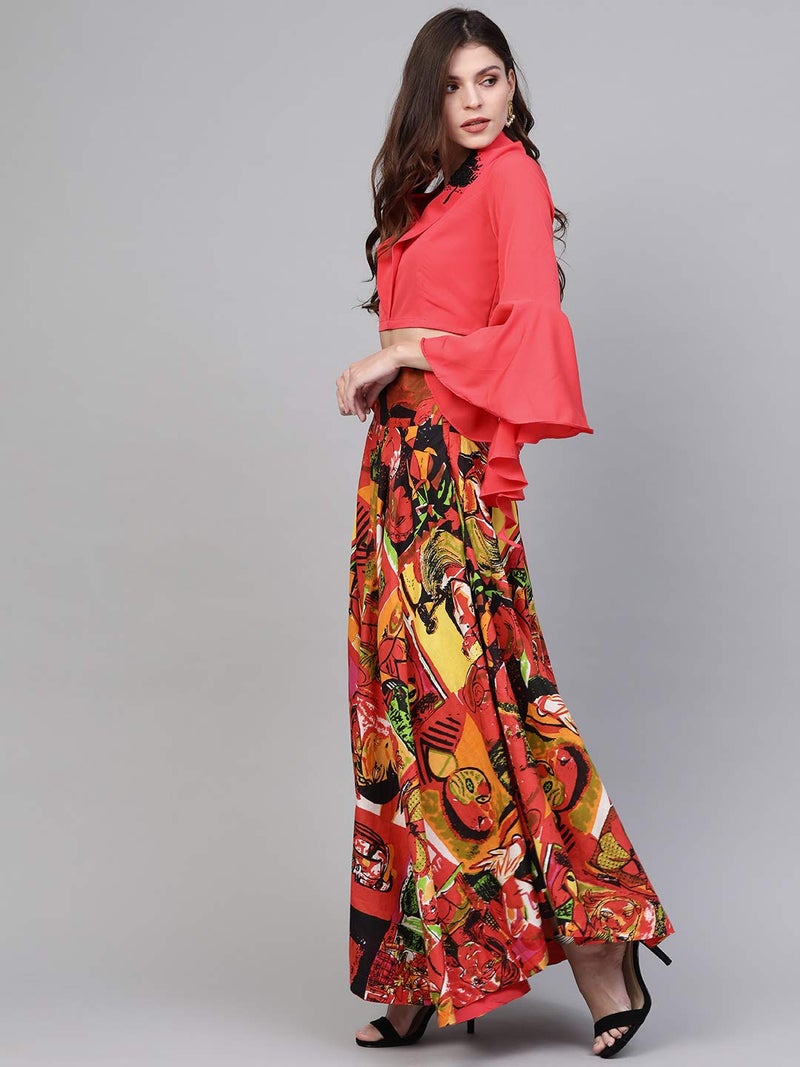 Pannkh Women's Embroidered Crop Top & Picasso Printed Skirt Set Indo-Western Festive Co-ord Artistic Design with Flared Silhouette - Image 2