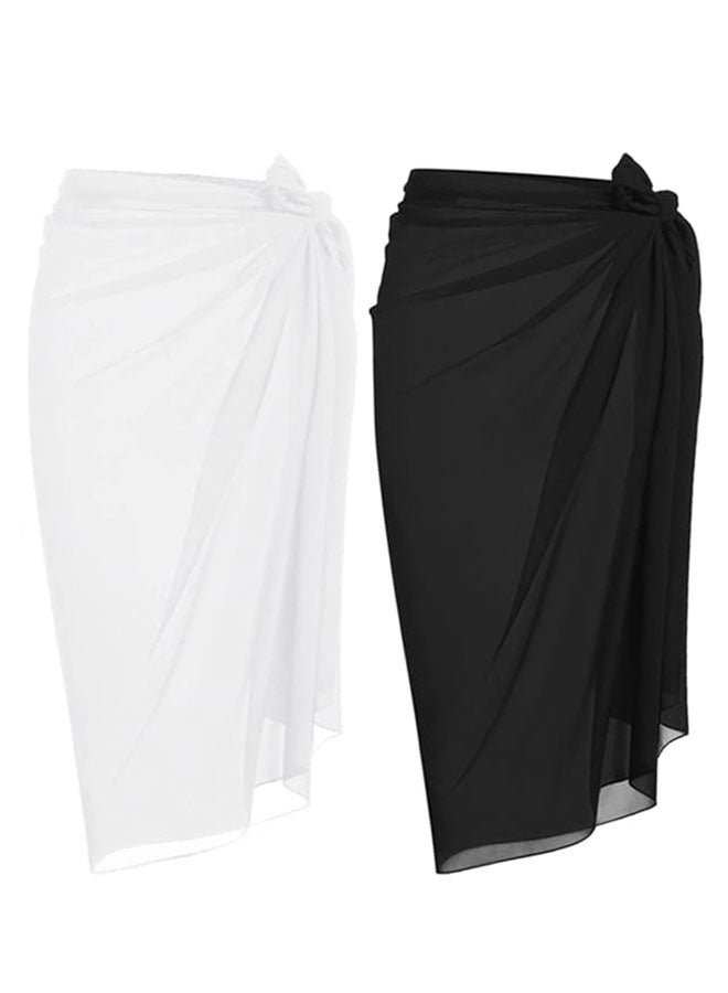HAWAWA 2pcs Women Beach Sarong Bathing Suit Wrap Skirt Sheer Bikini Swimsuit Cover Ups 110cm Long Skirt Chiffon Scarf for Swimwear Black&White - Image 1