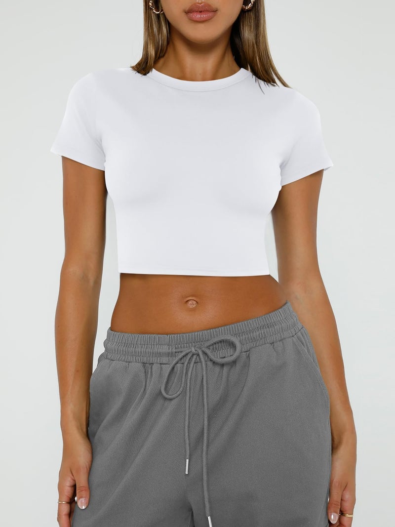WYNNQUE Womens Crop Tops Cute Summer Crew Neck Basic Tees Slim Fit Trendy Short Sleeve T Shirts for Teen Girls 2026 White S - Image 2
