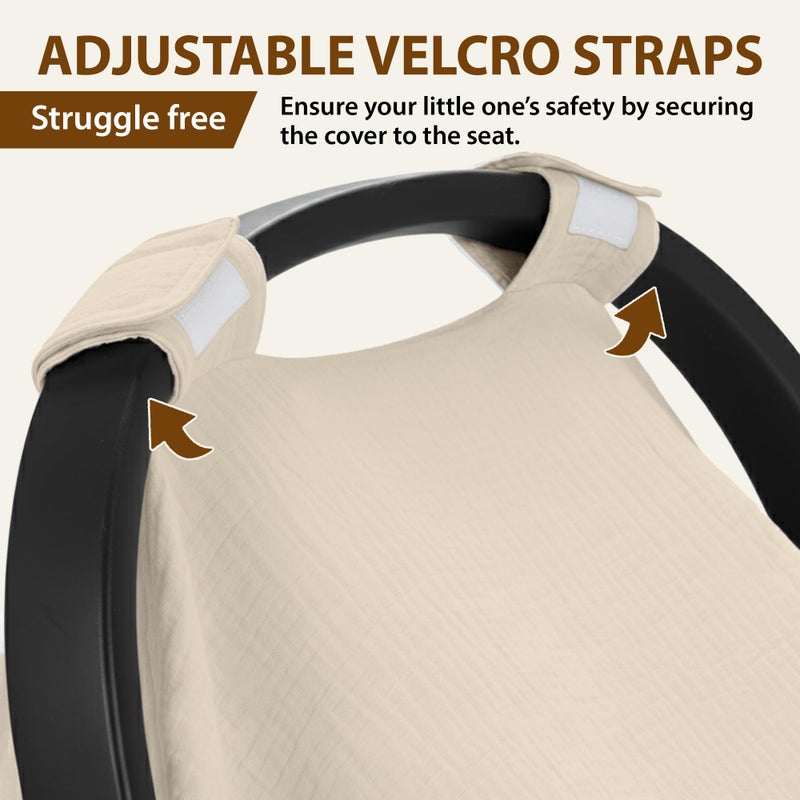 Infancie 100% Organic Muslin Cotton Car Seat Cover 35 x 50 Inches Soft Touch Breathable Canopy, Protective Car Seat Cover Baby All Seasons Lightweight Car Seat Cover Travel Comfort (Ivory) - Image 4