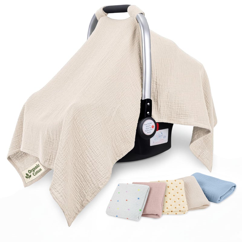 Infancie 100% Organic Muslin Cotton Car Seat Cover 35 x 50 Inches Soft Touch Breathable Canopy, Protective Car Seat Cover Baby All Seasons Lightweight Car Seat Cover Travel Comfort (Ivory) - Image 1