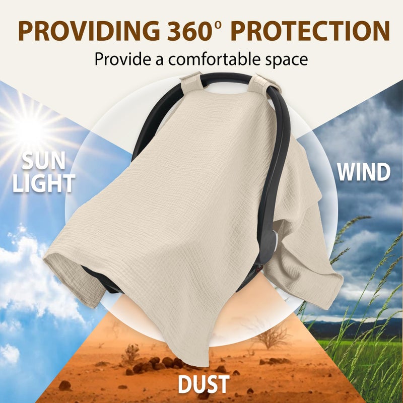 Infancie 100% Organic Muslin Cotton Car Seat Cover 35 x 50 Inches Soft Touch Breathable Canopy, Protective Car Seat Cover Baby All Seasons Lightweight Car Seat Cover Travel Comfort (Ivory) - Image 5