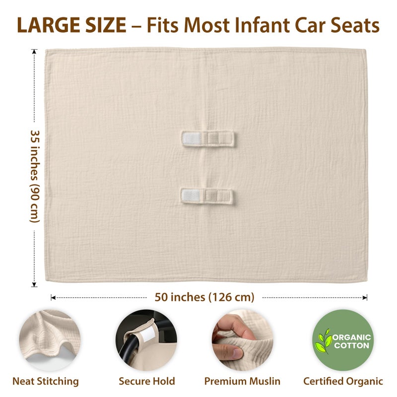 Infancie 100% Organic Muslin Cotton Car Seat Cover 35 x 50 Inches Soft Touch Breathable Canopy, Protective Car Seat Cover Baby All Seasons Lightweight Car Seat Cover Travel Comfort (Ivory) - Image 2