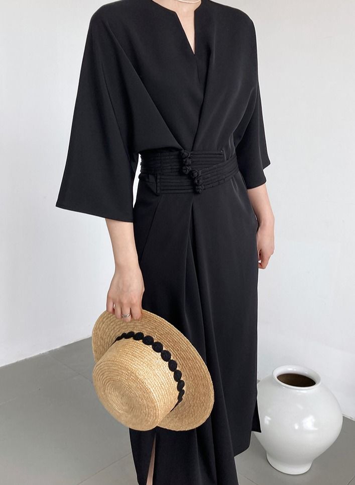 NIBEMINENT Women's Dress Straight Version New Chinese Style Improved Long Skirt with Advanced Knot Button Waist Tie Dignified and Concise  - Image 4