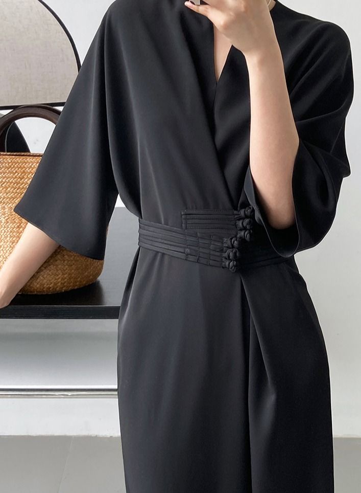 NIBEMINENT Women's Dress Straight Version New Chinese Style Improved Long Skirt with Advanced Knot Button Waist Tie Dignified and Concise  - Image 2