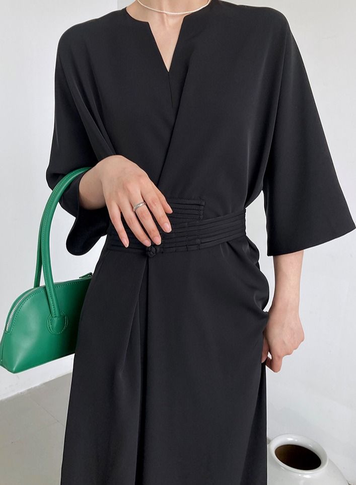 NIBEMINENT Women's Dress Straight Version New Chinese Style Improved Long Skirt with Advanced Knot Button Waist Tie Dignified and Concise  - Image 3