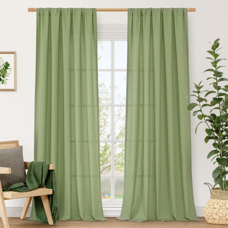LAMIT Sage Green Linen Curtains for Living Room 84 inch Length 2 Panels, Light Filtering Privacy Panels Rod Pocket Neutral Privacy Drapes for Bedroom/Sliding Glass Door, 52 x 84 Inch - Image 1