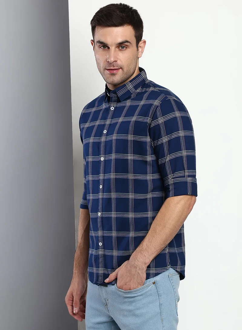 Dennis Lingo Slim Fit Navy Men's Checkered Shirt, Spread Collar, Full Sleeves, Cotton,