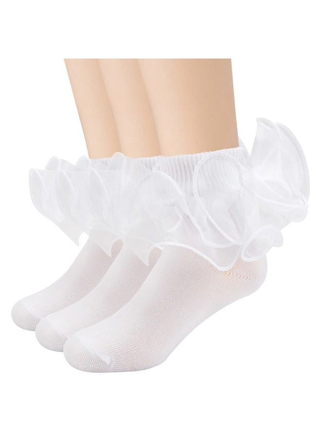 Looching 3 Pairs Baby Girls Ruffle Socks Cute Toddler Frilly Lace Turn Cuff White Summer Thin Mesh Dress Socks for Kids - Image 1