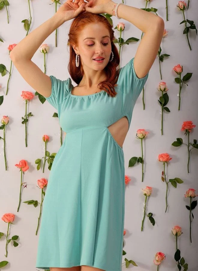 Women Fit and Flared Solid Square Neck Short Sleeve Cut Out Dress