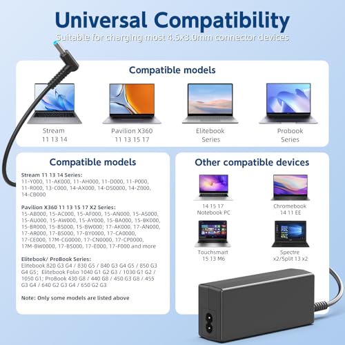 ROLADA 45W Charger Compatible with HP Laptop Computer - Compatible with Stream 11 13 14, Pavilion x360 11 13 15 17, Envy, ProBook, EliteBook, Spectre, Notebook 14 15 Power Supply Cord (Smart Blue Tip) - Image 4