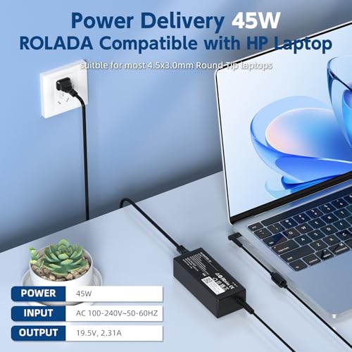 ROLADA 45W Charger Compatible with HP Laptop Computer - Compatible with Stream 11 13 14, Pavilion x360 11 13 15 17, Envy, ProBook, EliteBook, Spectre, Notebook 14 15 Power Supply Cord (Smart Blue Tip) - Image 2