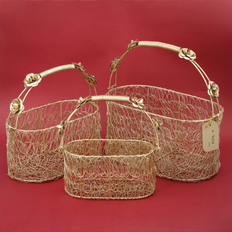 ekysa dekor metal meshwire multipurpose hamper Fancy Basket/Tray/Platter (Set of 3) with handles for Packing, Gifting, Decoration - Golden (8 * 4 * 4, 10 * 5 * 6, 12 * 6 * 6 inch) - Image 1