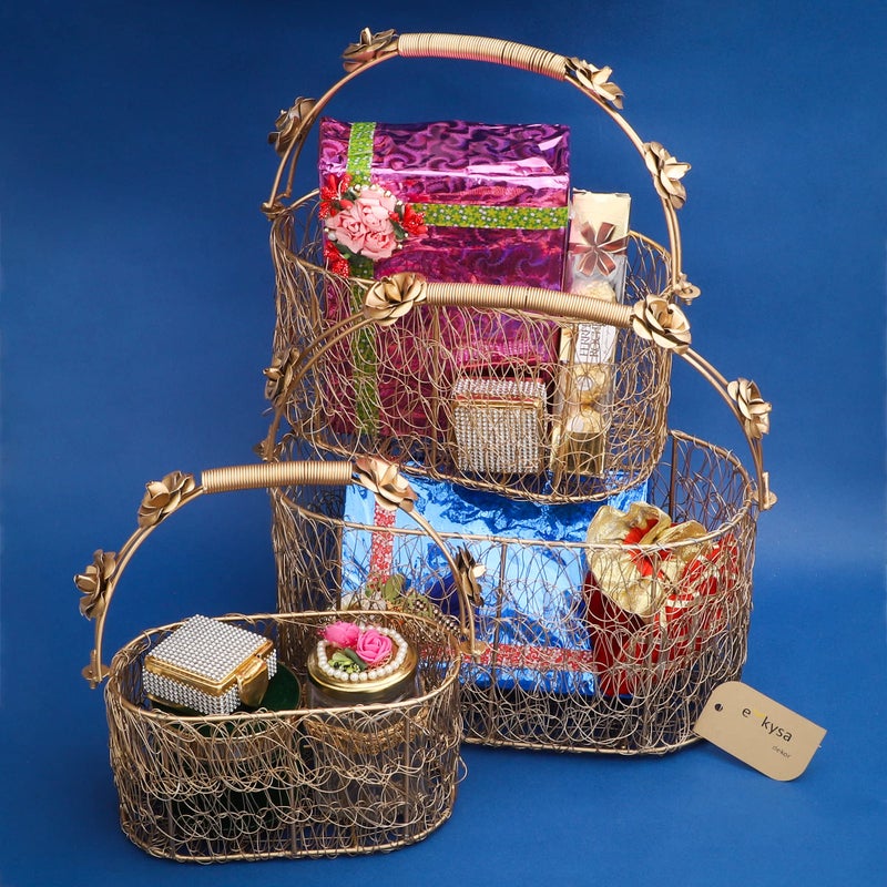 ekysa dekor metal meshwire multipurpose hamper Fancy Basket/Tray/Platter (Set of 3) with handles for Packing, Gifting, Decoration - Golden (8 * 4 * 4, 10 * 5 * 6, 12 * 6 * 6 inch) - Image 3