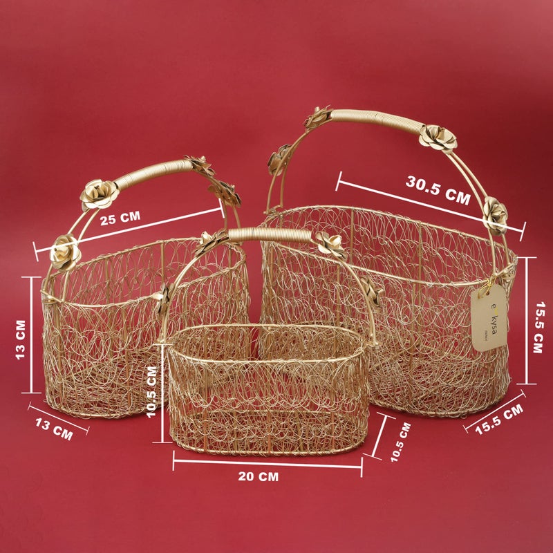 ekysa dekor metal meshwire multipurpose hamper Fancy Basket/Tray/Platter (Set of 3) with handles for Packing, Gifting, Decoration - Golden (8 * 4 * 4, 10 * 5 * 6, 12 * 6 * 6 inch) - Image 2
