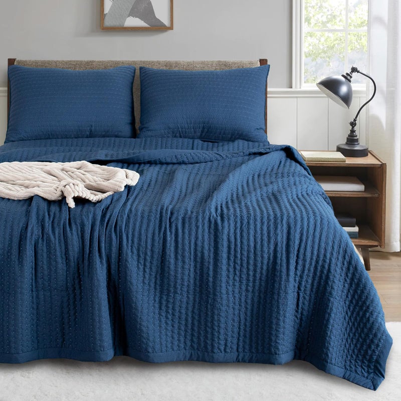KASENTEX Dark Blue Twin Size Quilt Bedding Set with Pillow-Shams  Lightweight Soft Bedspread  Durable Quilted Blanket Thin Comforter Bed Cover  All Season Summer Spring  3 Pieces  68x80 inches - Image 1