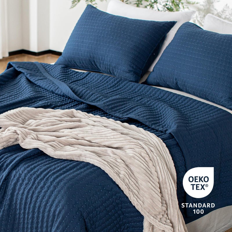 KASENTEX Dark Blue Twin Size Quilt Bedding Set with Pillow-Shams  Lightweight Soft Bedspread  Durable Quilted Blanket Thin Comforter Bed Cover  All Season Summer Spring  3 Pieces  68x80 inches - Image 2