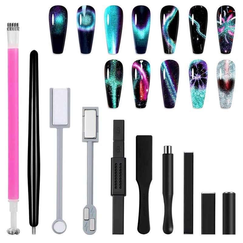 Allstarry 10pcs Nail Magnet Tool Set Doublehead Strong Suction Nail Magnet Stick Cat Eye Flower Design Nail Magnets Pen Plate Wand Board for 9D Strip Galaxy Magnetic Cat Eye Gel Nail Polish Nail Art
