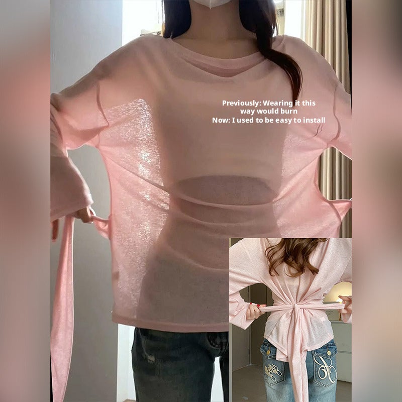 Women's Sheer Mesh One-Shoulder Tie-Up T-Shirt Summer Sun Protection - Image 1