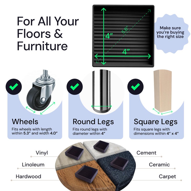 CasterMaster Non-Slip Furniture Pads Square Rubber Anti-Skid Caster Cups, Anti-Sliding Floor Protectors for Furniture (Black, 4'' x 4'' (Pack of 4)) - Image 3