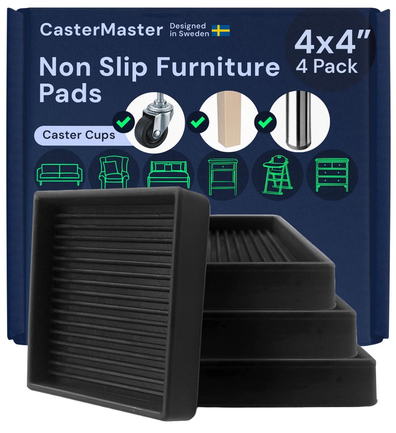 CasterMaster Non-Slip Furniture Pads Square Rubber Anti-Skid Caster Cups, Anti-Sliding Floor Protectors for Furniture (Black, 4'' x 4'' (Pack of 4)) - Image 1