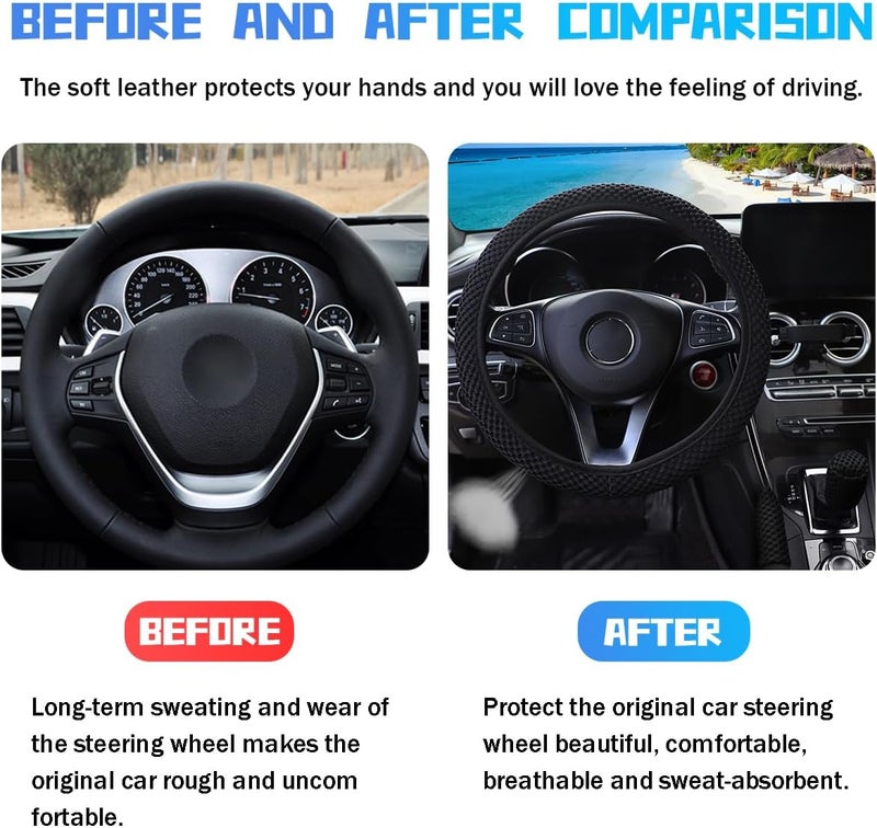 Bittwee 3PCS 15Inch Car Steering Wheel Cover Armrest Cover Gear Shift Cover Set, Microfiber Breathable Anti-Slip Automotive Steering Wheel Protector, Vehicle Interior Decor, Universal Fit（Black） - Image 3