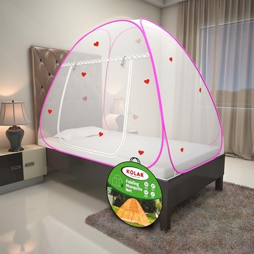 Kolar Foldable Mosquito Net for Single Bed – 6x4 Feet | Heart Design | Durable Polyester | Tent-Style Machardani | Corrosion-Resistant Frame | Pink Color - Image 1